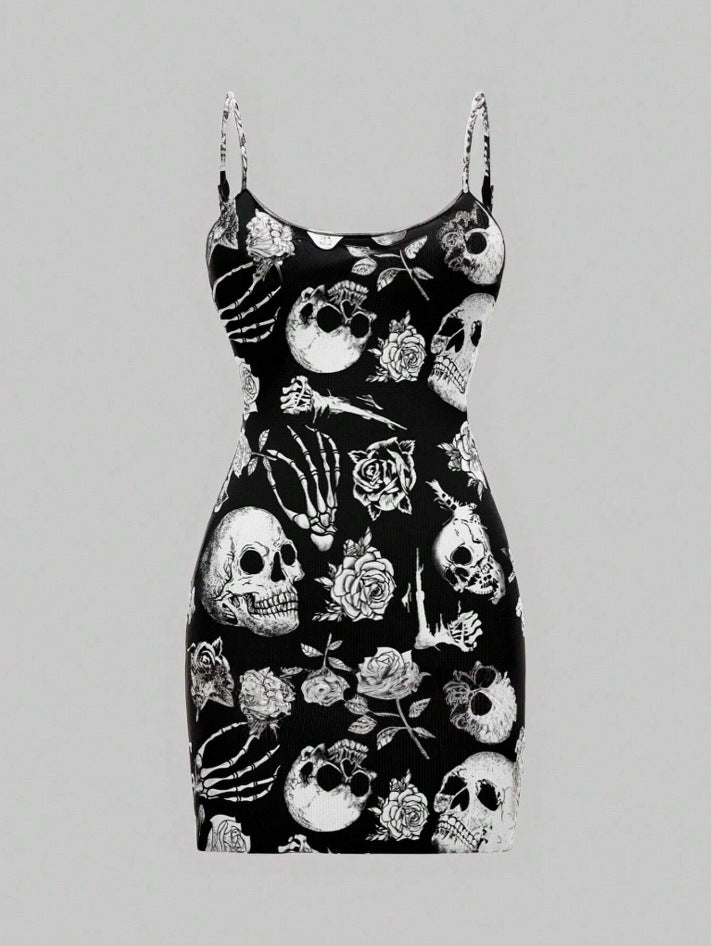 Damen edgy Minikleid mit Totenkopf- und Rosenmotiv Drune