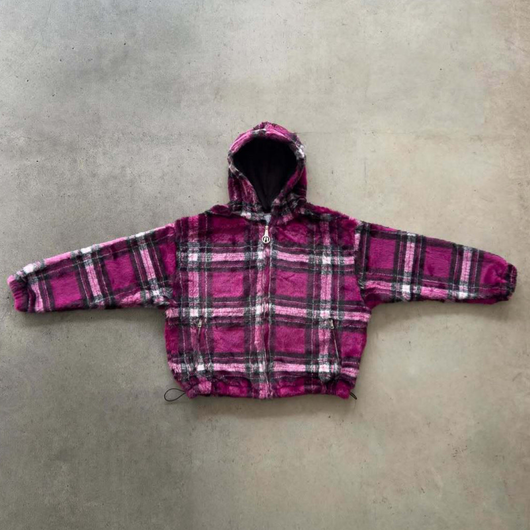 Unisex nan gefütterte Plaid-Fleece-Bomberjacke mit Kapuze Kordelzug und Reißverschlusstaschen Drune