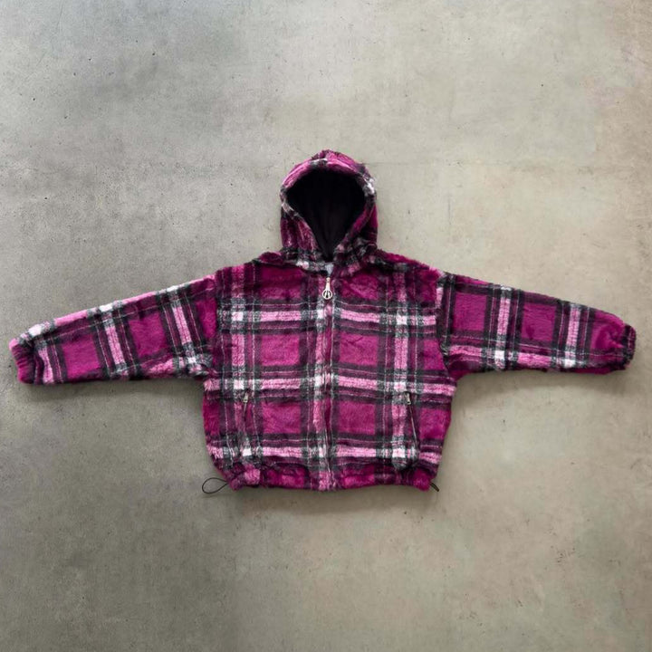 Unisex nan gefütterte Plaid-Fleece-Bomberjacke mit Kapuze Kordelzug und Reißverschlusstaschen Drune