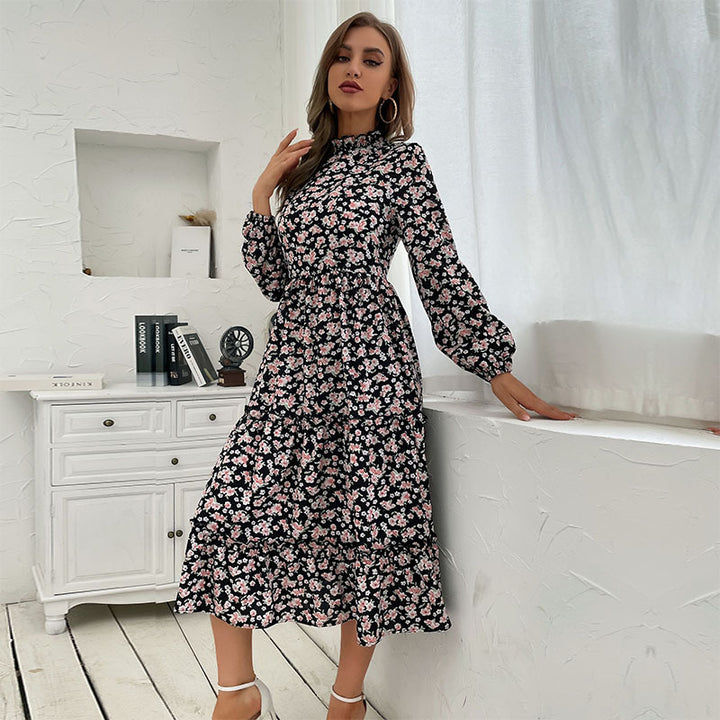Damen Elegantes Langarm Kleid mit floralem Muster und Rüschendetails Drune