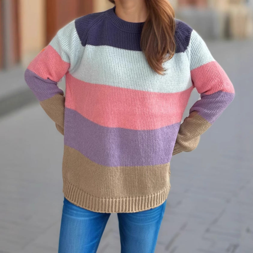 Damen lässiger Strickpullover mit bunten Blockstreifen und weitem Schnitt Drune