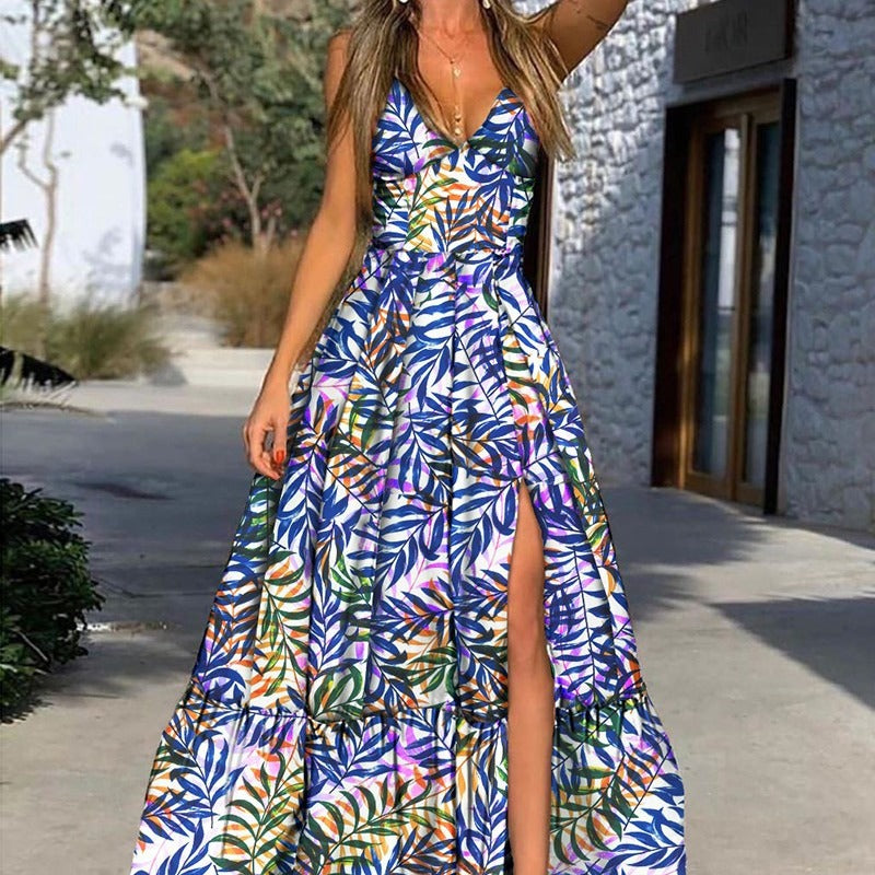 Damen Maxikleid mit tropischem Druck und voluminösem Rock Drune