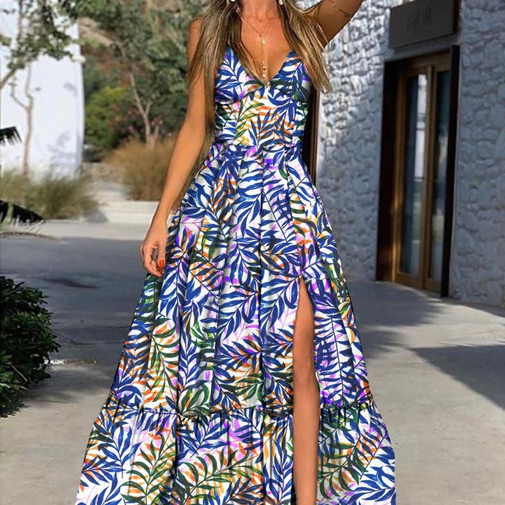 Damen Maxikleid mit tropischem Druck und voluminösem Rock Drune