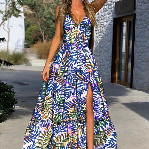 Damen Maxikleid mit tropischem Druck und voluminösem Rock Drune