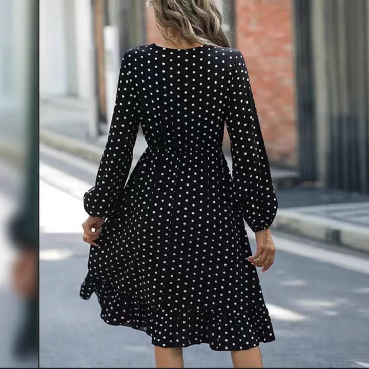 Damen nan punktiertes A-Linienmidikleid mit V-Ausschnitt, smocktaillenbund und zweistufigem Volant Drune