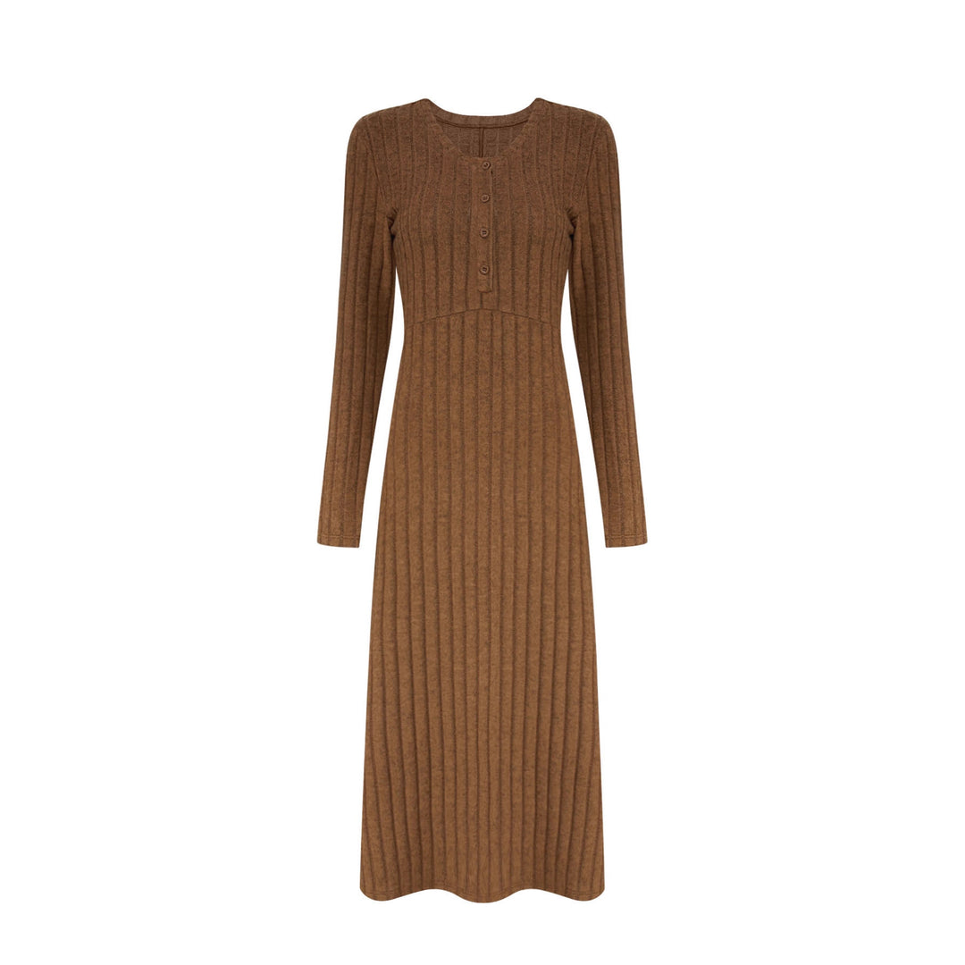 Damen Geripptes Maxi-Strickkleid mit Taillennaht und Knopfleiste Drune