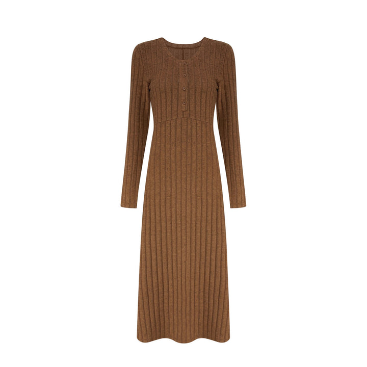 Damen Geripptes Tailliertes Maxikleid mit Knopfpatent und Rundhalsausschnitt Drune