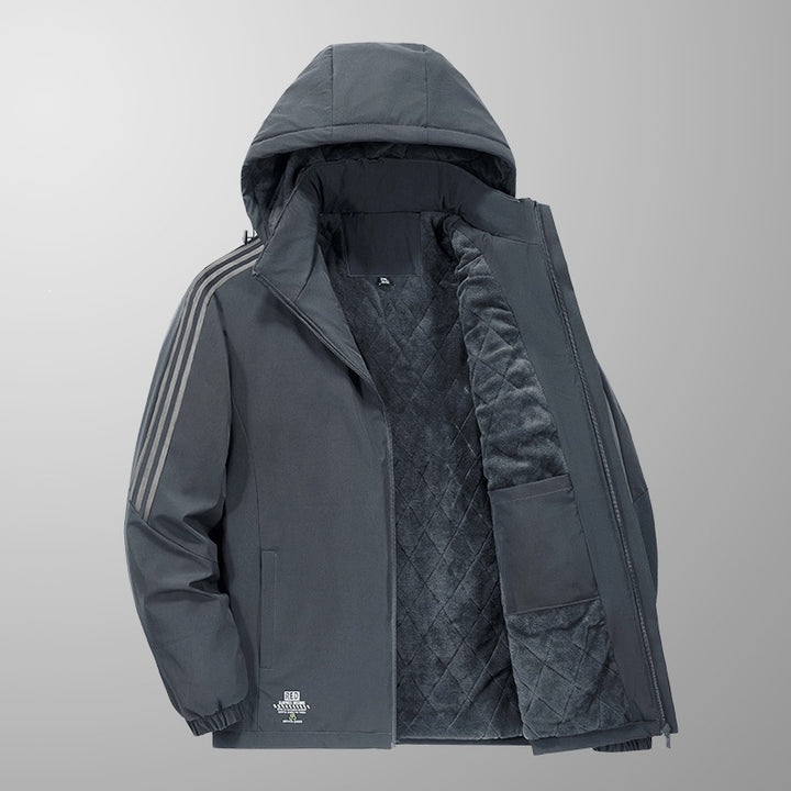 Herren Wattierte Kapuzen-Übergangsjacke mit gesteppter Teddy-Innenfütterung und markanten Ärmellängsstreifen Drune