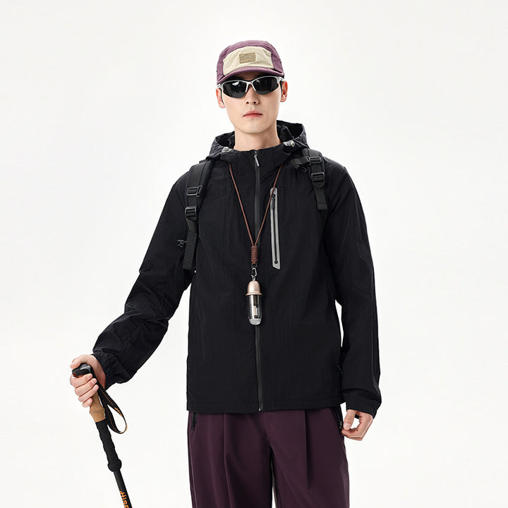 Herren Ultraleichte Packbare Regen- und Windjacke mit Kapuze, versteckter Brusttasche und wasserabweisendem Shell Drune