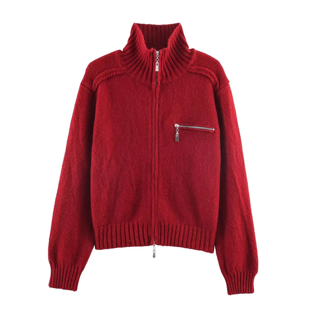 Damen Grobgestrickte Reißverschluss‑Strickjacke mit hohem Rippkragen und Brusttasche Drune