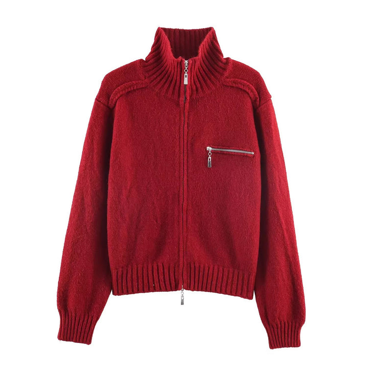 Damen Grobgestrickte Reißverschluss‑Strickjacke mit hohem Rippkragen und Brusttasche Drune