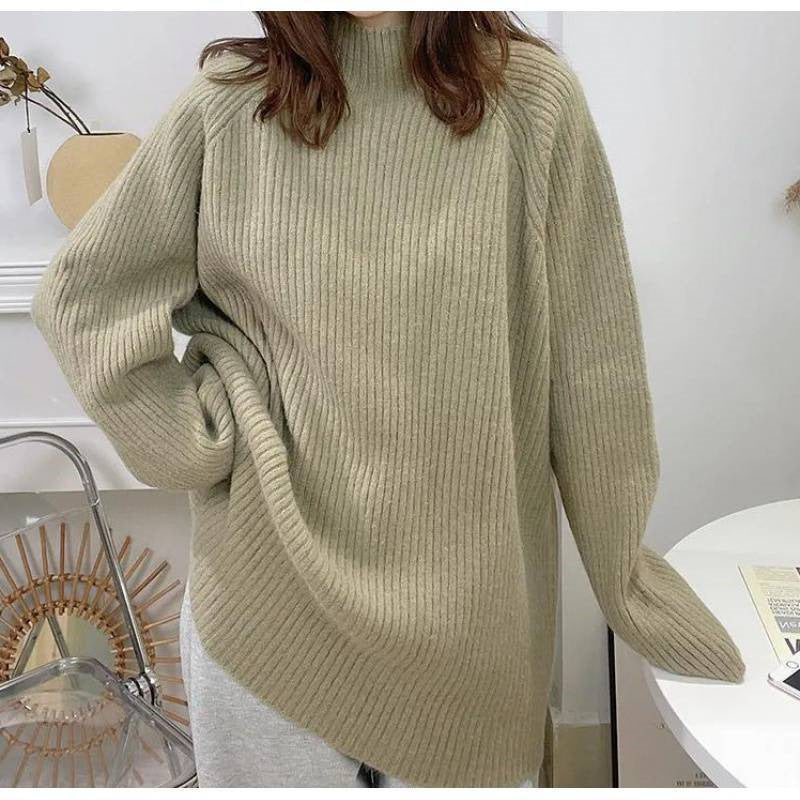 Damen lässiger Grobstrickpullover mit hochgeschlossenem Kragen und asymmetrischem Saum Drune