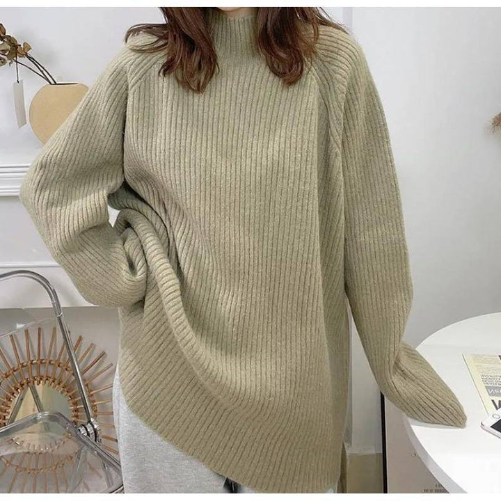 Damen lässiger Grobstrickpullover mit hochgeschlossenem Kragen und asymmetrischem Saum Drune