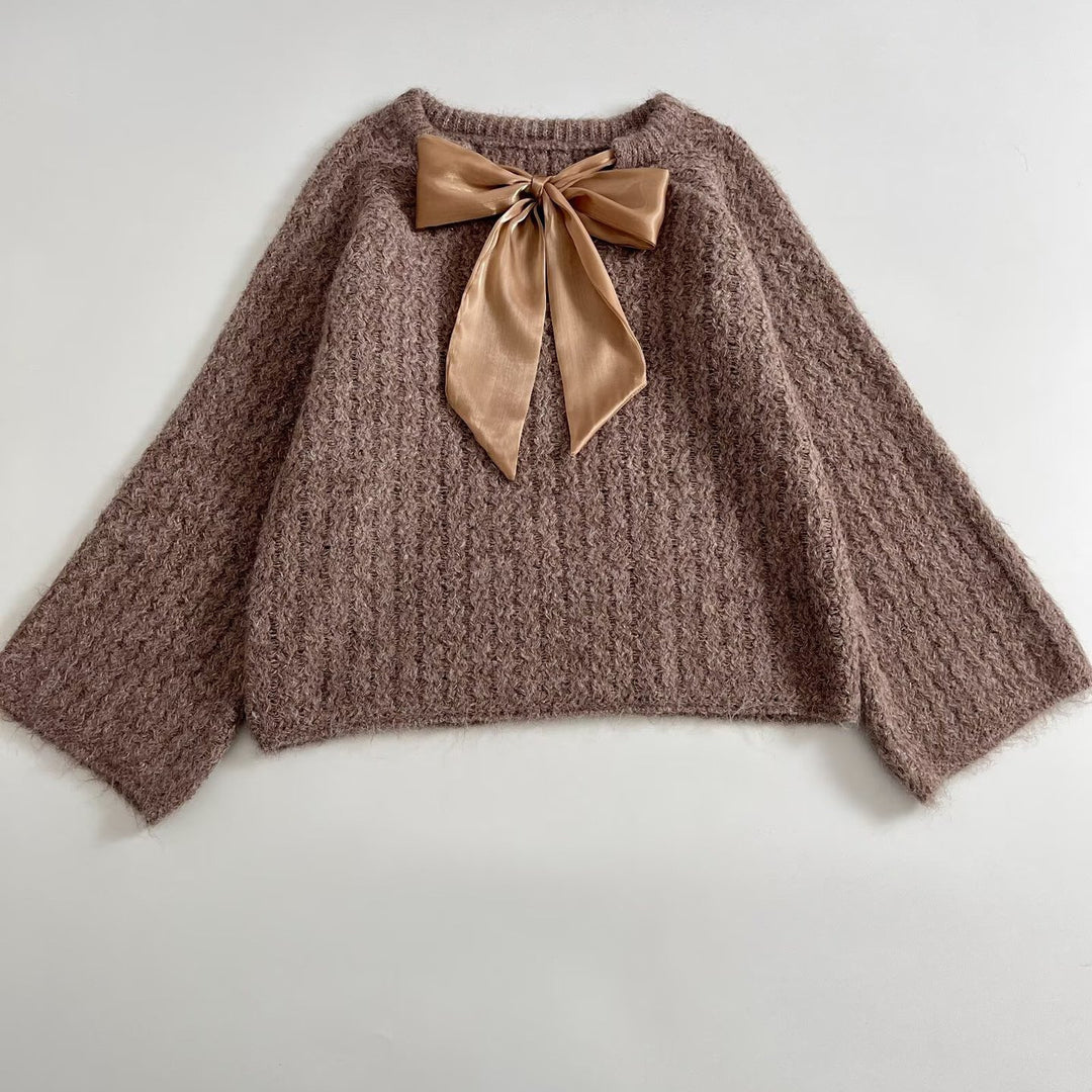 Damen Oversize Mohair-Optik Strickpullover mit Rückenschleife Drune