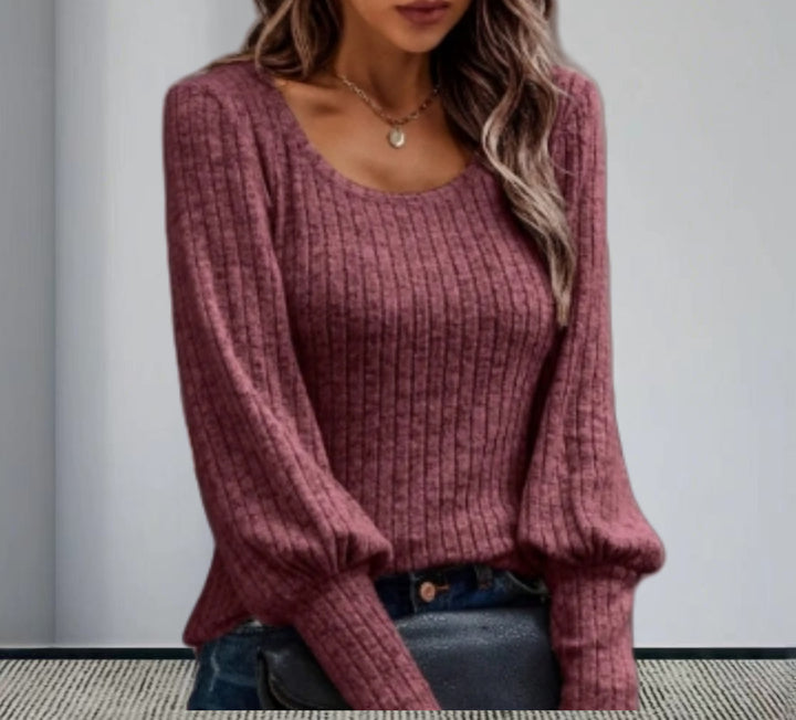 Damen Strickpullover mit Ballonärmeln und feinem Rippmuster Drune