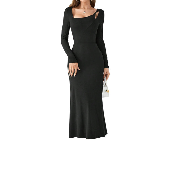 Damen figurbetontes Maxikleid mit asymmetrischem Ausschnitt und langen Ärmeln Drune
