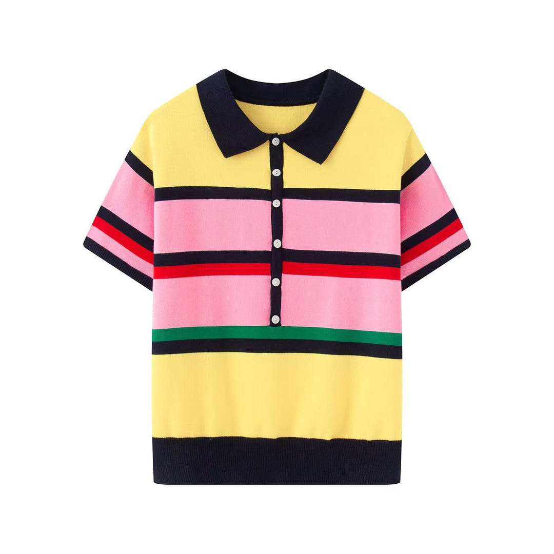 Damen Kurzärmeliges gestreiftes Feinstrick-Poloshirt mit durchgehender Knopfleiste Drune