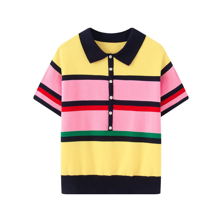 Damen Kurzärmeliges gestreiftes Feinstrick-Poloshirt mit durchgehender Knopfleiste Drune
