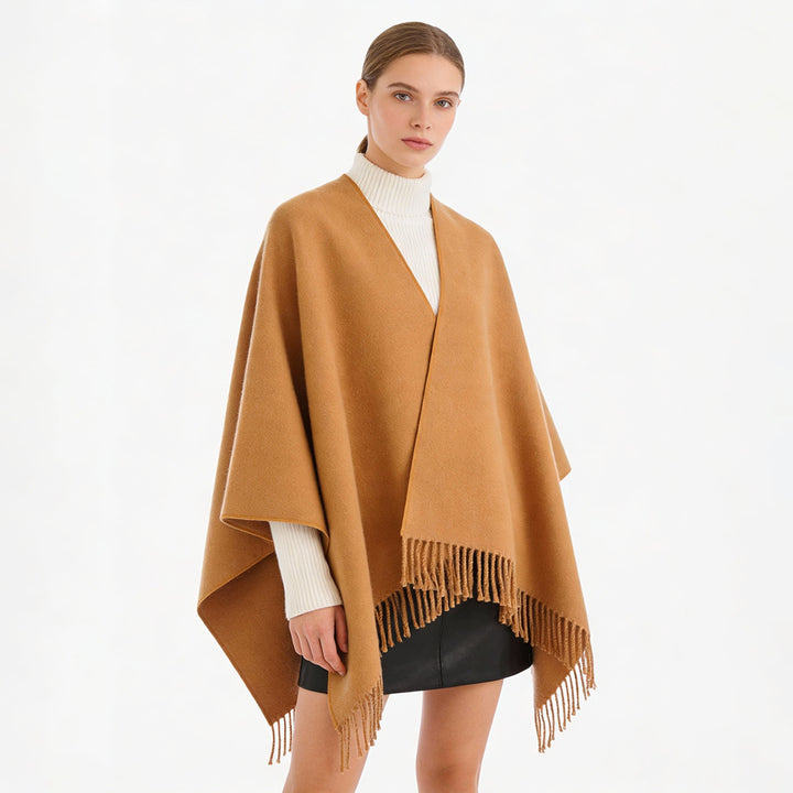 Damen Minimalistischer Wickel‑Capeponcho aus Wollmix mit V‑Ausschnitt und zartem Fransensaum Drune