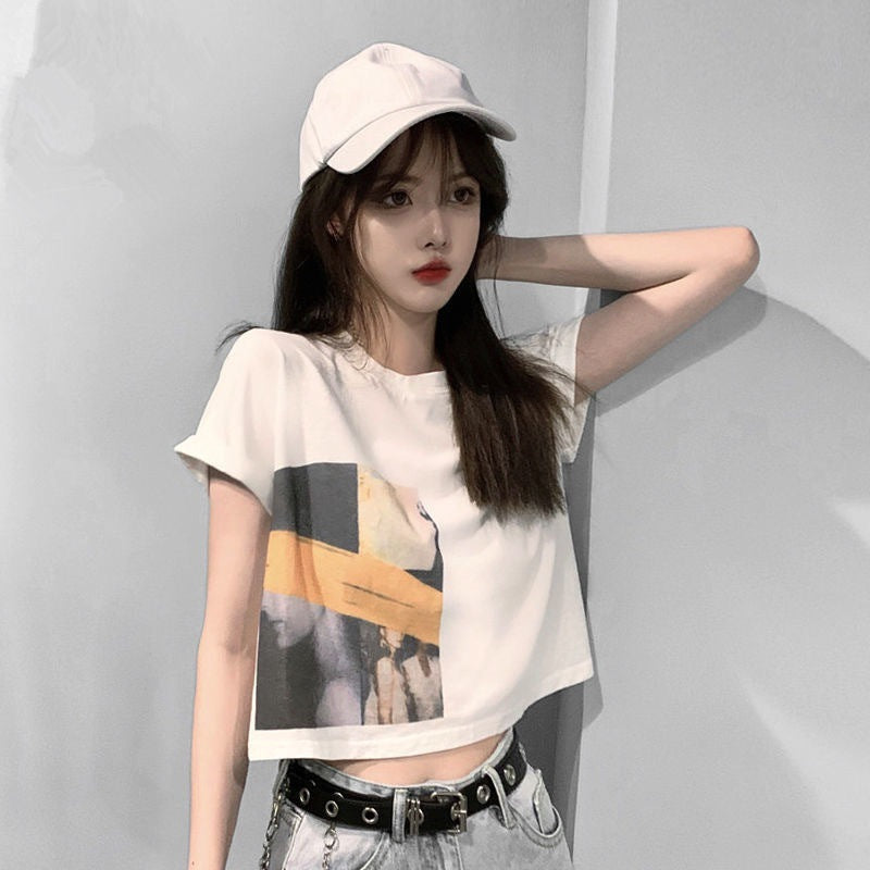 Damen Crop-T-Shirt mit kreativem Grafikdruck Drune