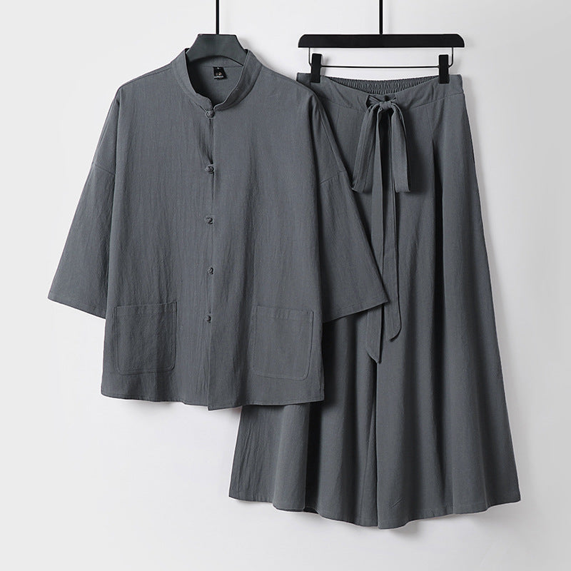 Damen Zweiteiliges Leichtes Lounge-Set mit Stehkragen, Kurzarm-Jacke und weitem Palazzo-Hosenrock Drune