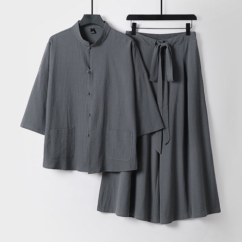 Damen Zweiteiliges Leichtes Lounge-Set mit Stehkragen, Kurzarm-Jacke und weitem Palazzo-Hosenrock Drune