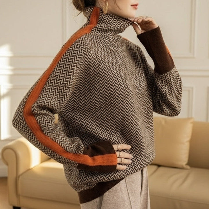Damen Feinstrickpullover mit geometrischem Jacquardmuster, Stehkragen und Kontrastband Drune