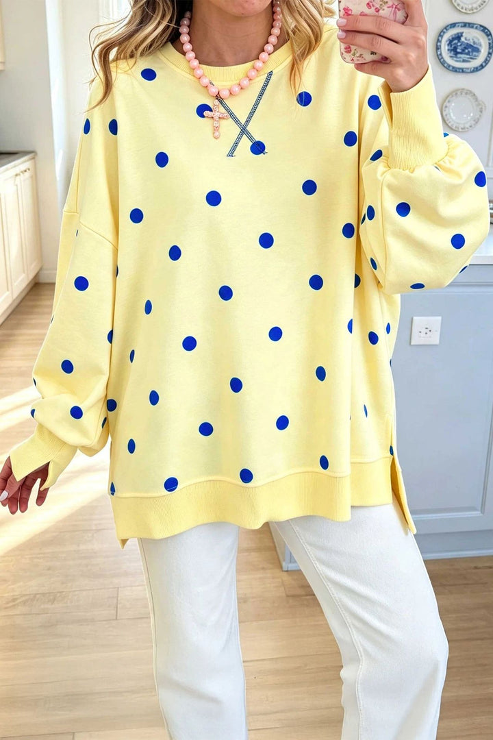 Damen Oversize-Sweatshirt mit Puffärmeln, Polka-Dots und Seitenschlitzen Drune