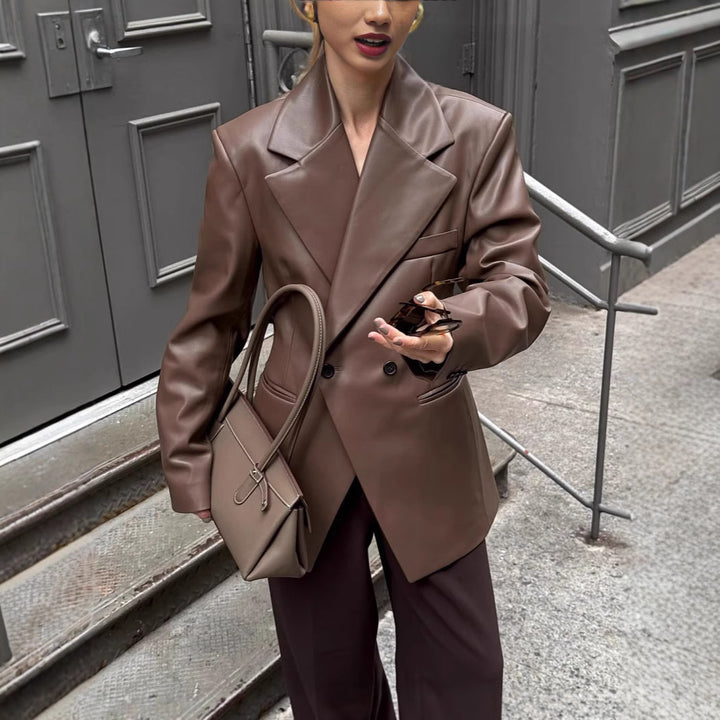 Damen stilvolle Kunstlederblazerjacke mit oversized Schnitt Drune