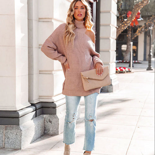 Damen Pullover mit offener Schulter und hohem Kragen Drune