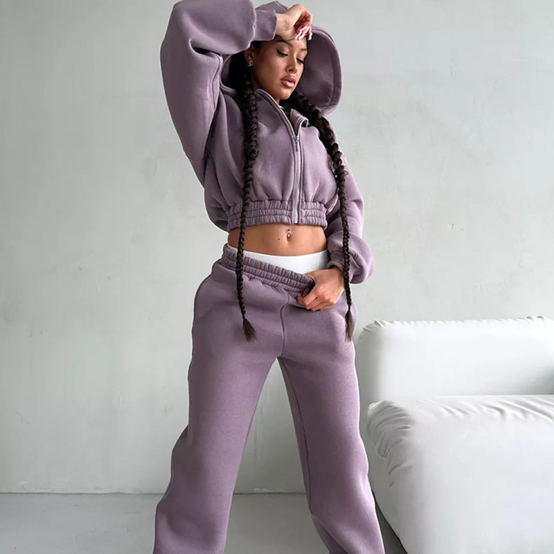 Damen Taillierter Zip-Overall im Loungewear-Stil mit Kapuze, Balloonärmeln und hoher Bundkante Drune
