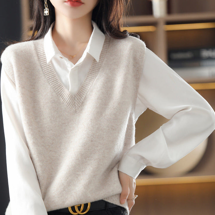 Damen Ärmellose Strickweste mit V-Ausschnitt und Feiner Textur Drune
