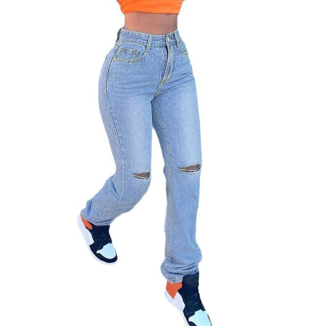 Damen hochtaillierte Jeans mit geradem Bein, Knie‑Rips und gestapeltem Saum Drune