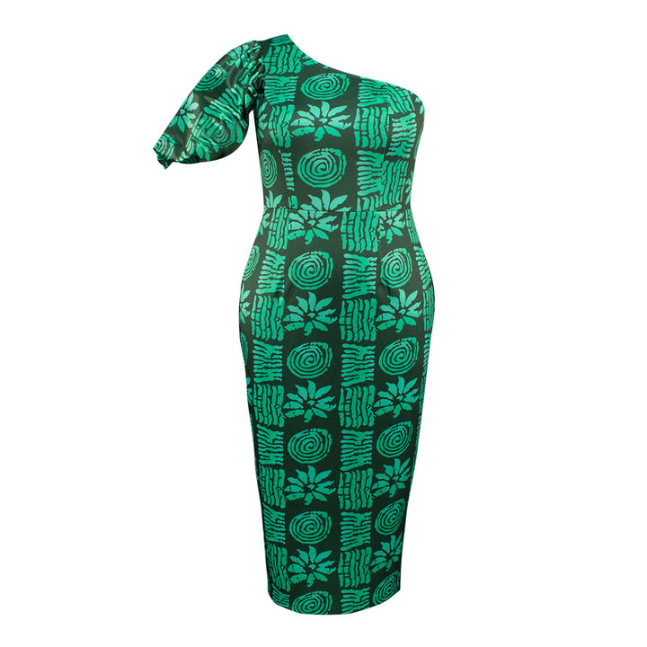 Damen körpernahe Midi-Kleid mit asymmetrischem Schnitt und voluminösen Puffärmeln Drune