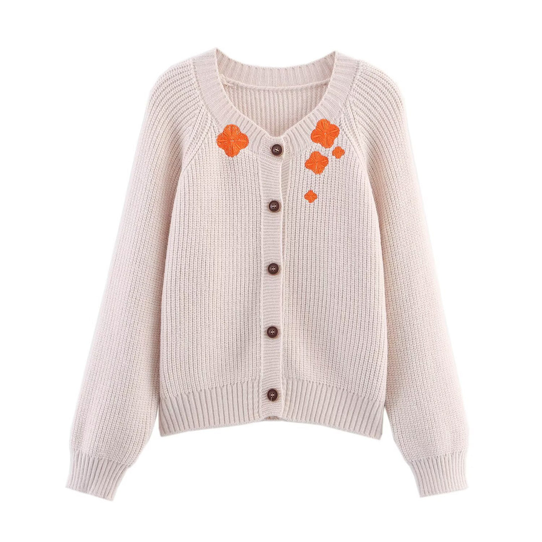 Damen gemütlicher Strickcardigan mit floralem Stickdesign Drune