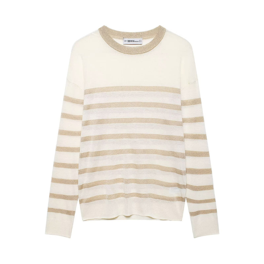 Damen Leichter gestreifter Feinstrickpullover mit Metallic‑Streifen und Rundhalsausschnitt Drune
