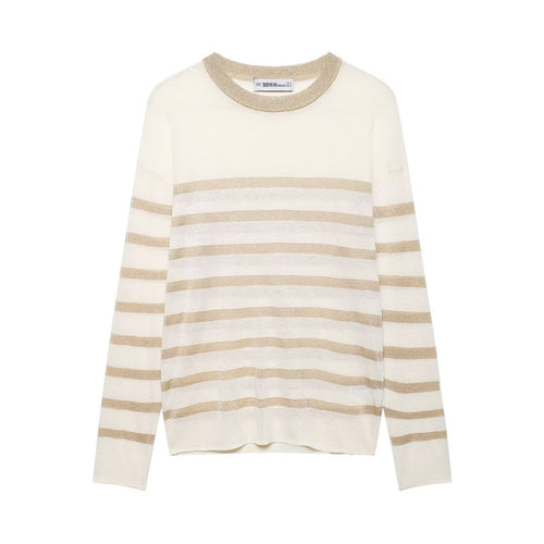 Damen Leichter gestreifter Feinstrickpullover mit Metallic‑Streifen und Rundhalsausschnitt Drune