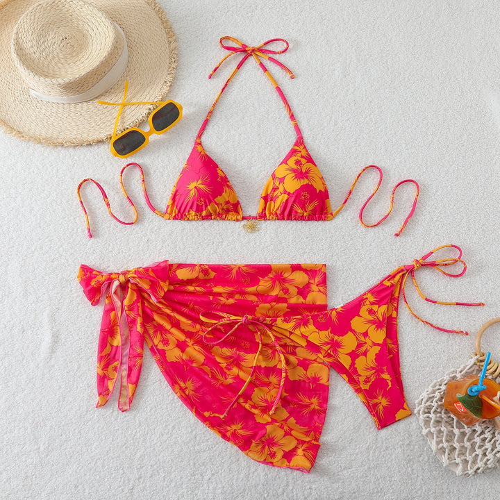 Damen Triangel-Bikini-Set mit Wickelrock und floralem Design Drune