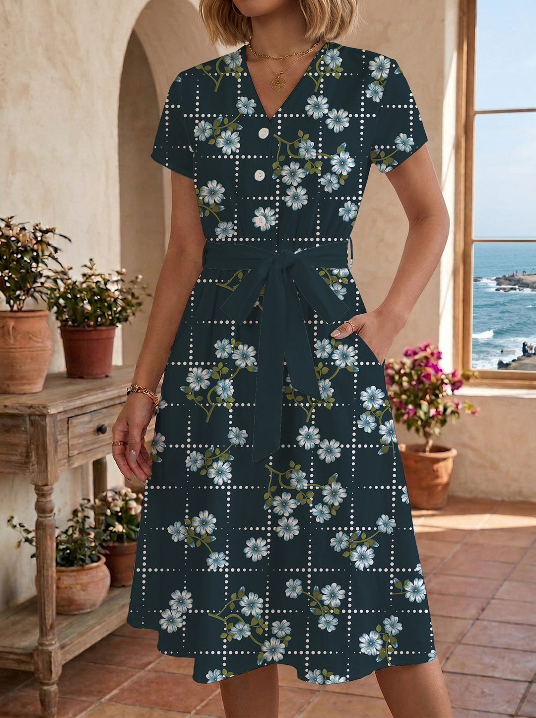 Damen Midikleid mit floralem Muster und Taillengürtel Drune