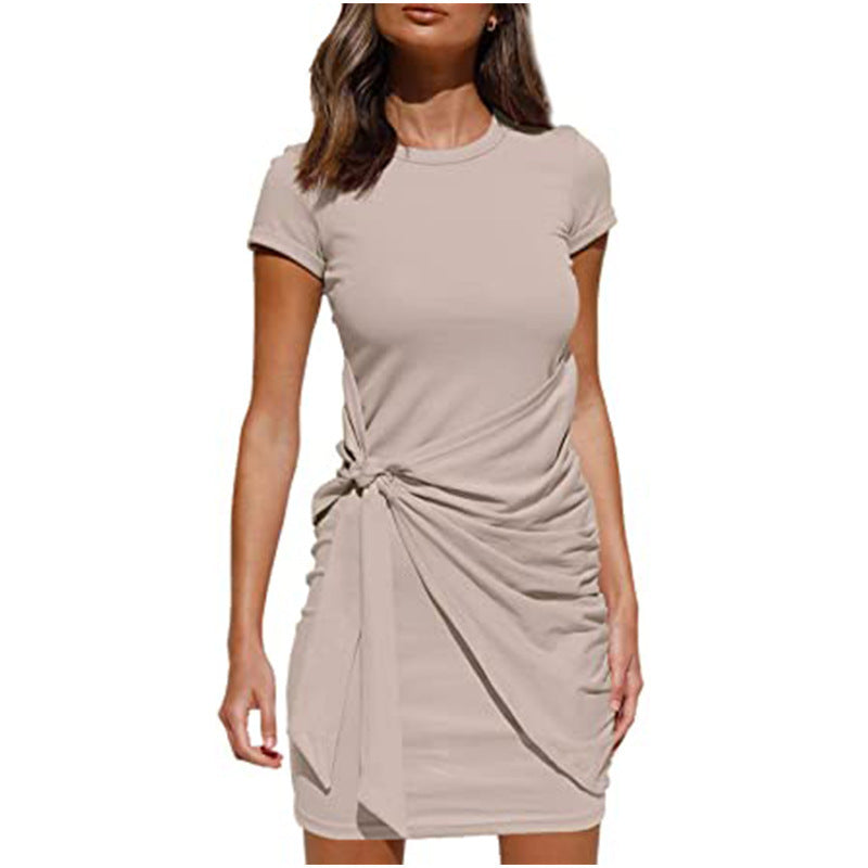 Damen Kurzarm Wickelkleid mit Raffung und Knoten Detail Drune