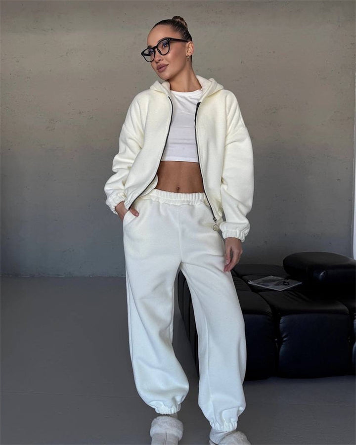 Damen kuscheliges Fleece-Hoodie und Jogginghose Lounge-Set mit Reißverschluss Kapuze elastischem Bund Drune