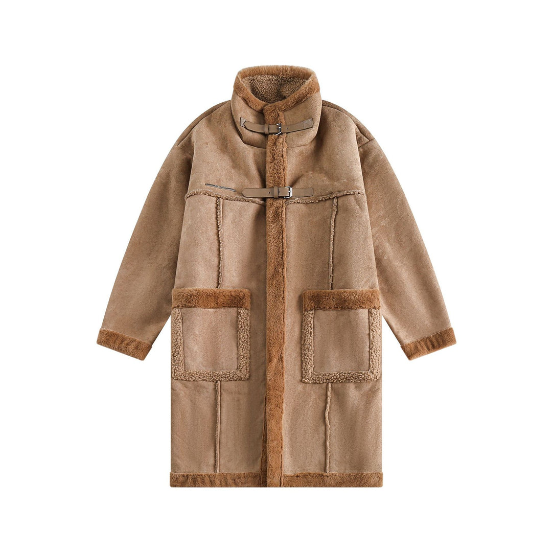 Damen Langer Oversize Lammfell‑Imitat Mantel mit Stehkragen und Schnallenverschluss Drune