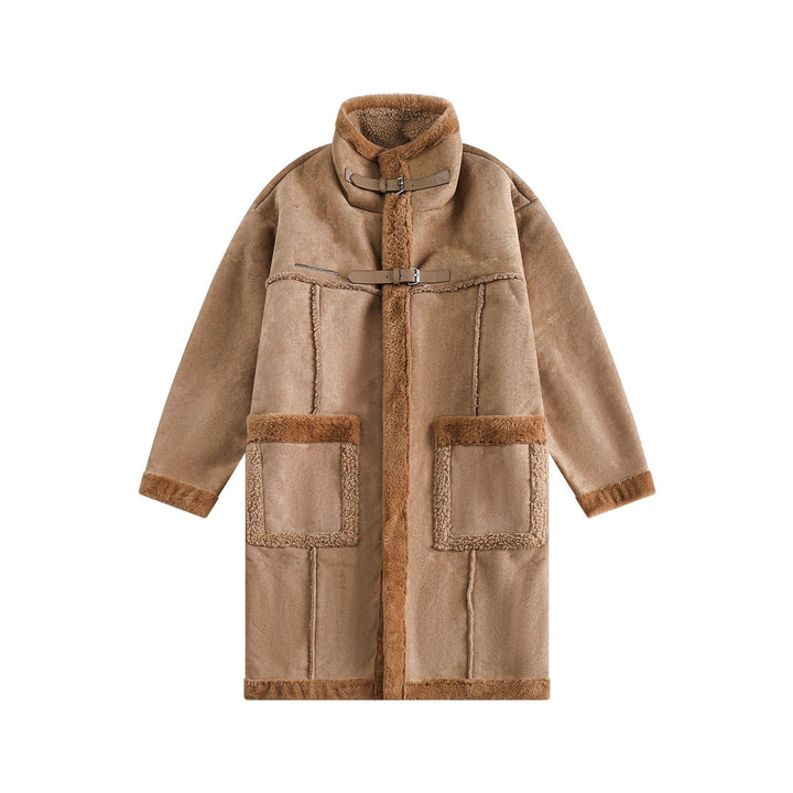 Damen Langer Oversize Lammfell‑Imitat Mantel mit Stehkragen und Schnallenverschluss Drune