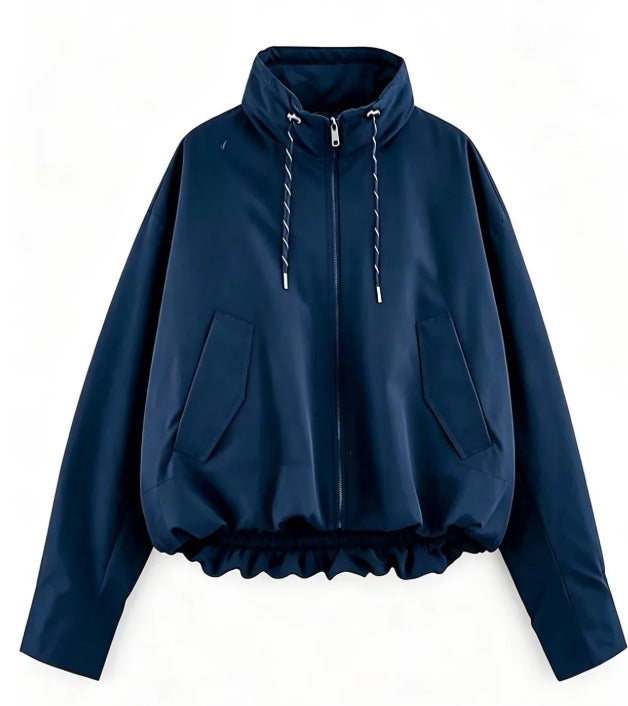 Damen Oversize Cropped Kapuzenjacke mit durchgehendem Reißverschluss, Kordelzug und gerafftem Saum Drune