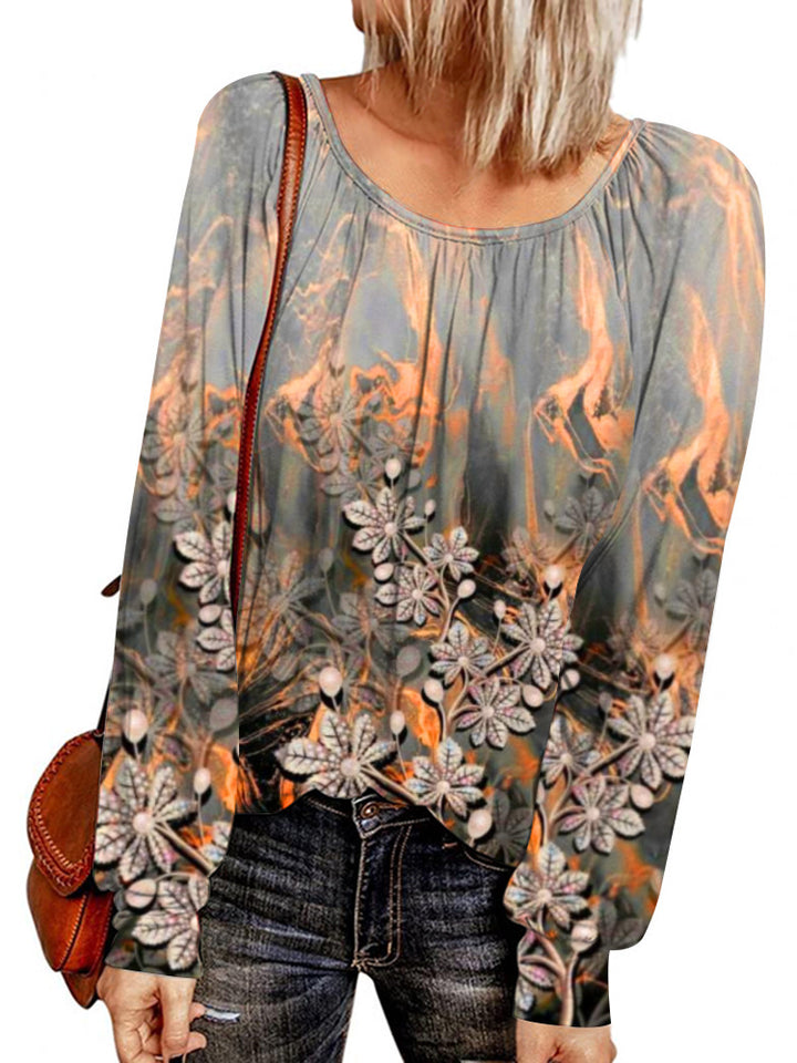 Damen Ethno-Print Oversize-Tunika mit Rundhalsausschnitt und langen Ballonärmeln Drune