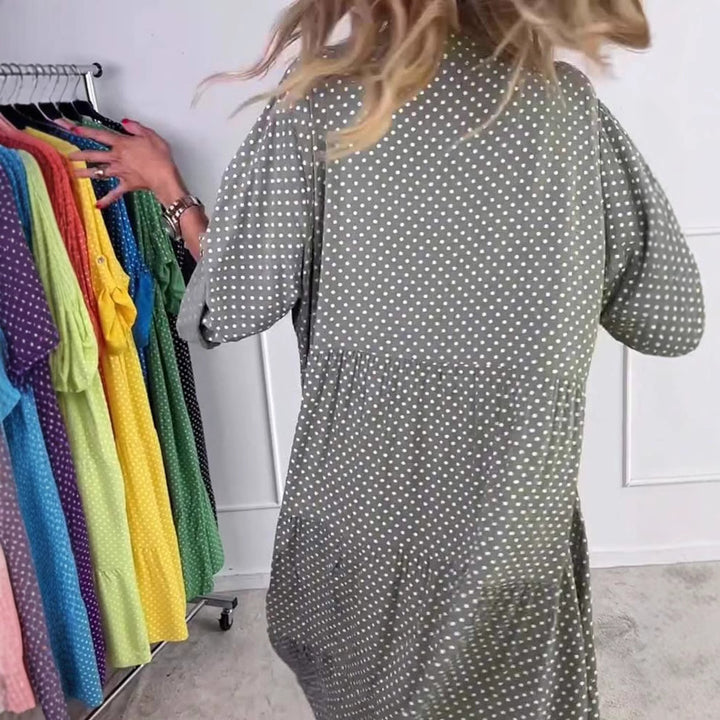 Damen nan lässiges Stufenmidikleid mit Stehkragen, verdeckter Knopfleiste und dreiviertelärmeln Drune