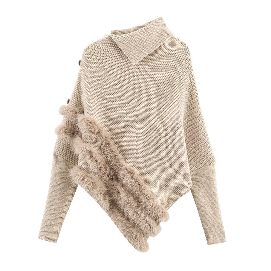 Damen Modischer Poncho mit feinem Strick und fellähnlichem Detail Drune