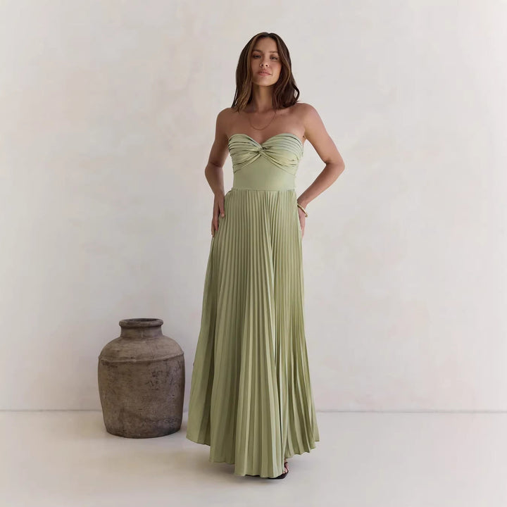 Damen Langärmliges Plisseekleid mit elegantem Oberteil und fließendem Rock Drune