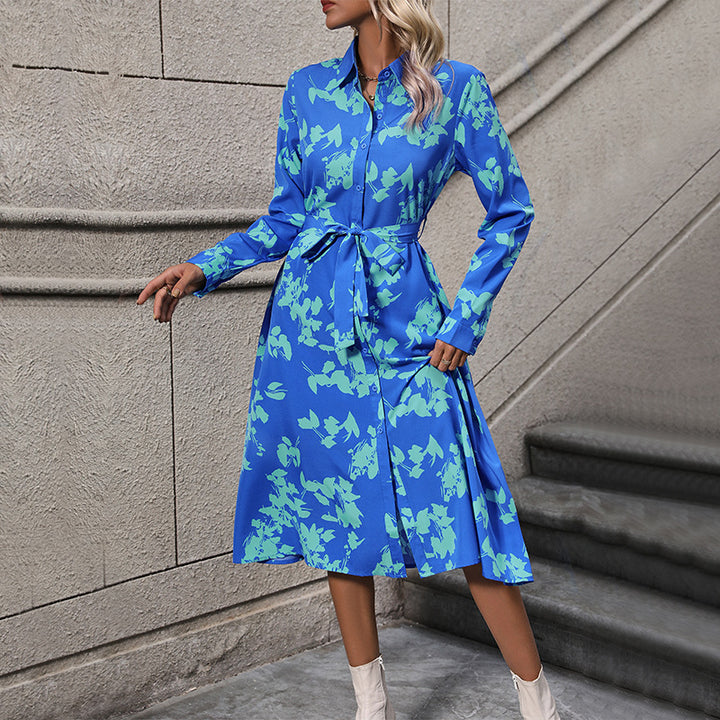 Damen majestätisches Hemdblusenkleid mit floralen Akzenten und bindbarem Gürtel Drune