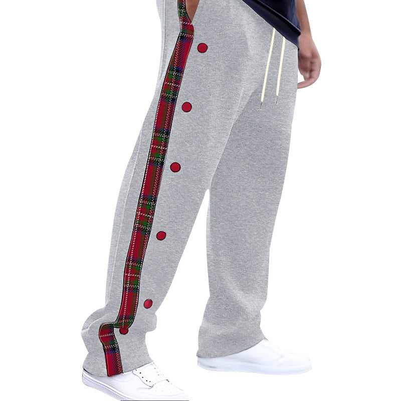 Herren lockere Jogginghose mit seitlichem Karostreifen und Druckknopfleiste Drune